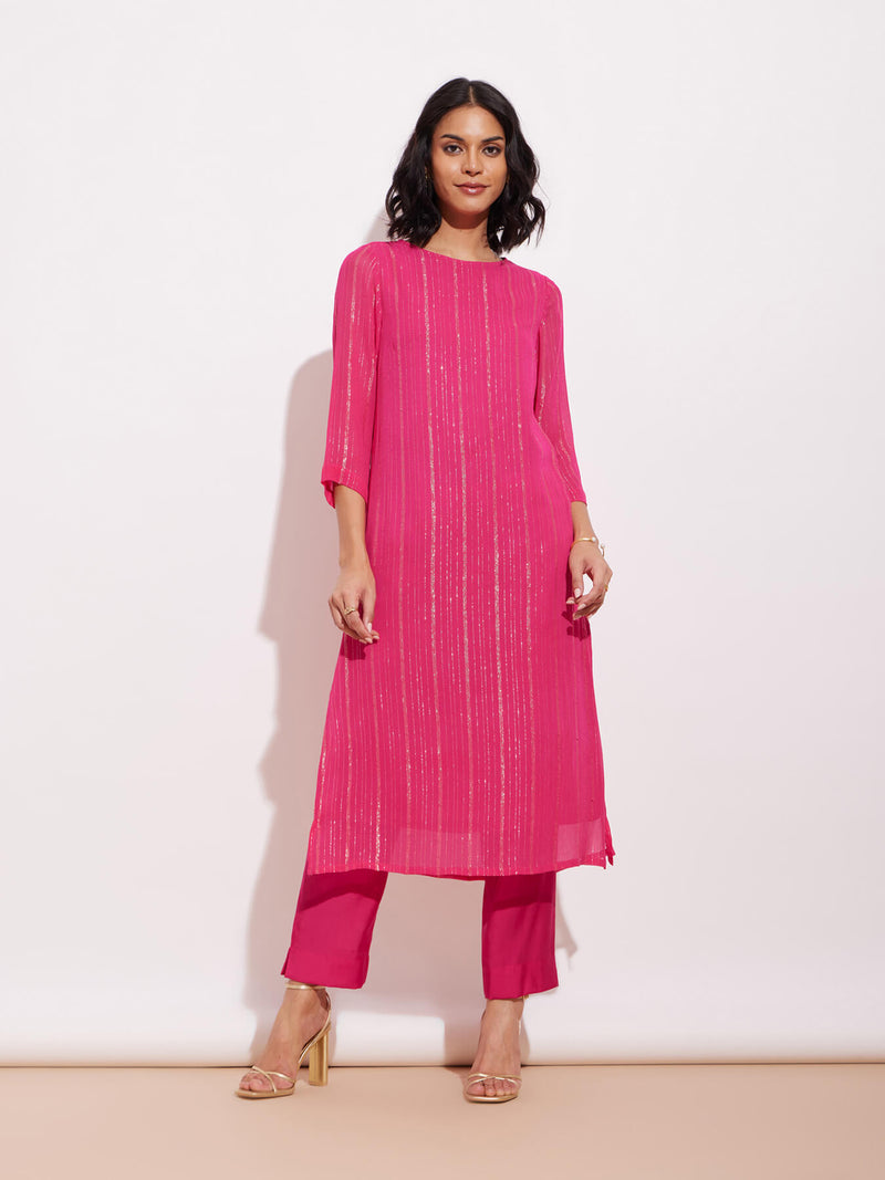 Georgette Lurex Gold Striped Kurta Set - Fuchsia