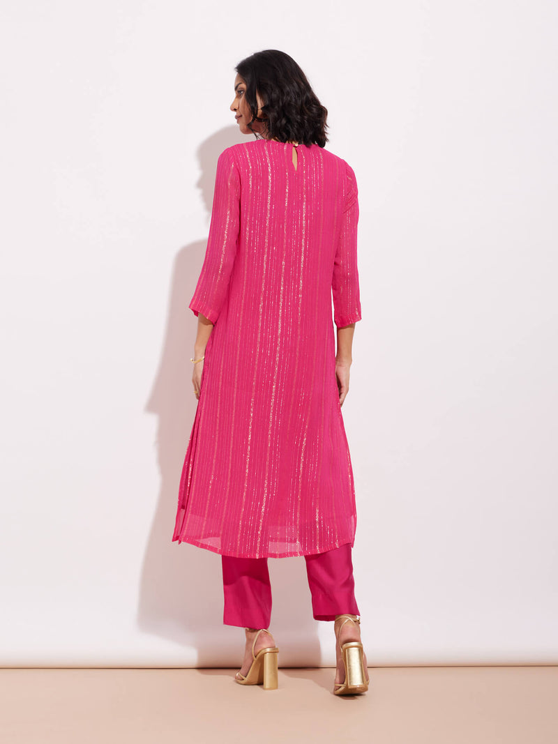 Georgette Lurex Gold Striped Kurta Set - Fuchsia