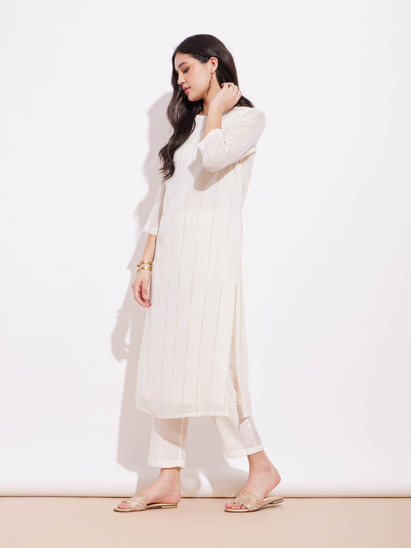 Georgette Lurex Gold Striped Kurta Set - Off-White