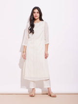 Georgette Lurex Gold Striped Kurta Set - Off-White