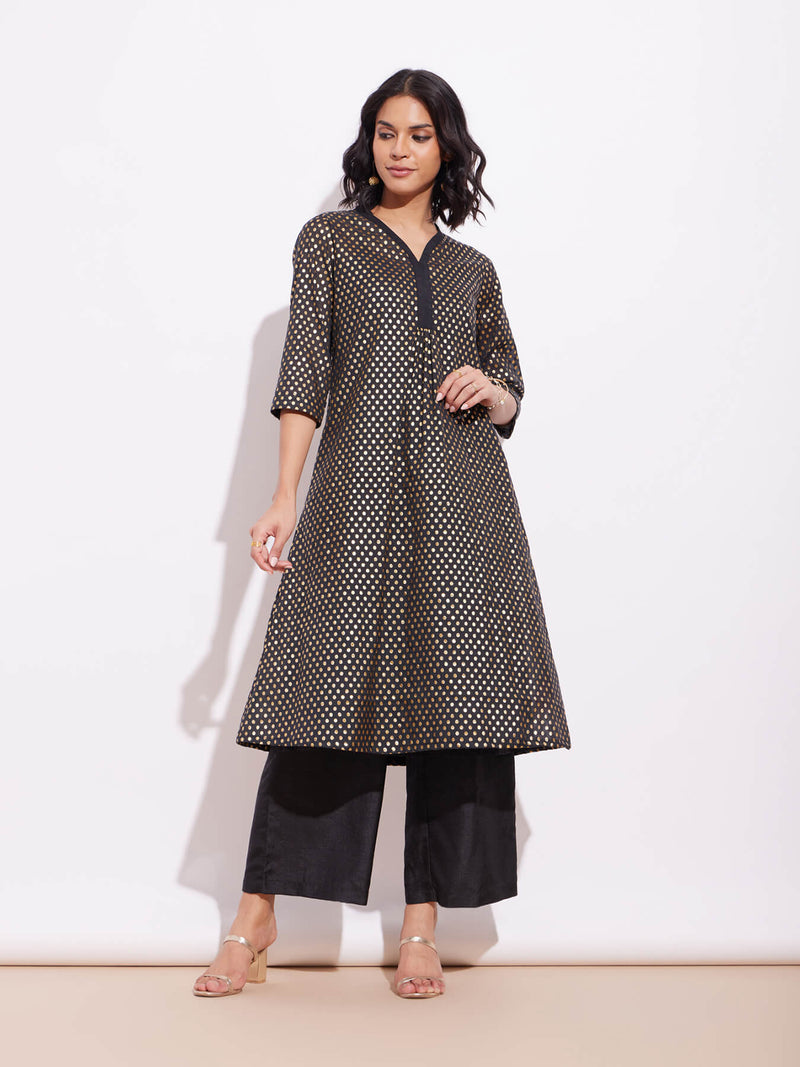 Viscose Silk Brocade A-Line Kurta Set - Black & Gold