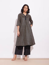 Viscose Silk Brocade A-Line Kurta Set - Black & Gold