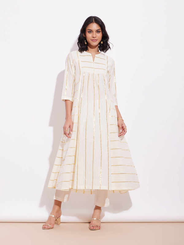 Cotton Lurex Gold Striped Kurta Set - Off-White