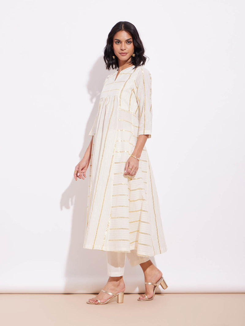 Cotton Lurex Gold Striped Kurta Set - Off-White