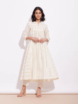 Cotton Lurex Gold Striped Kurta Set - Off-White