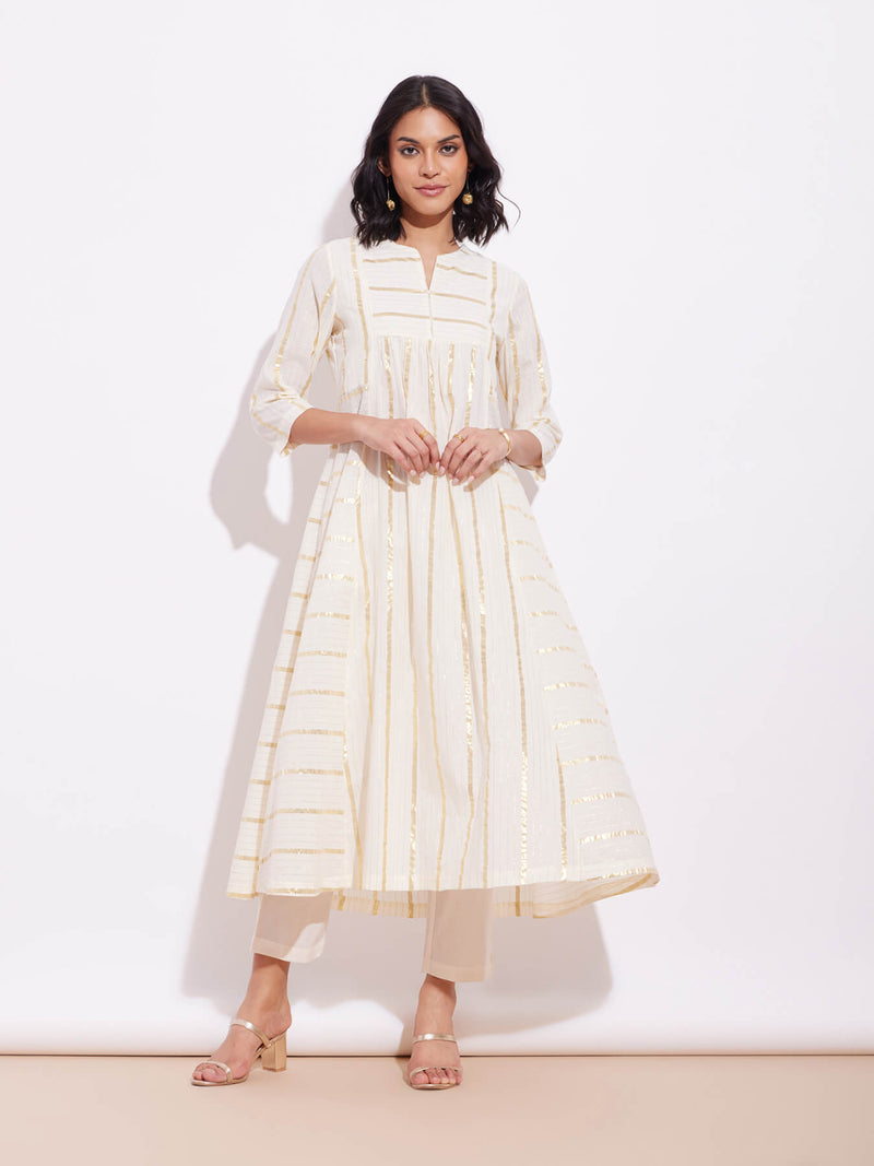 Cotton Lurex Gold Striped Kurta Set - Off-White