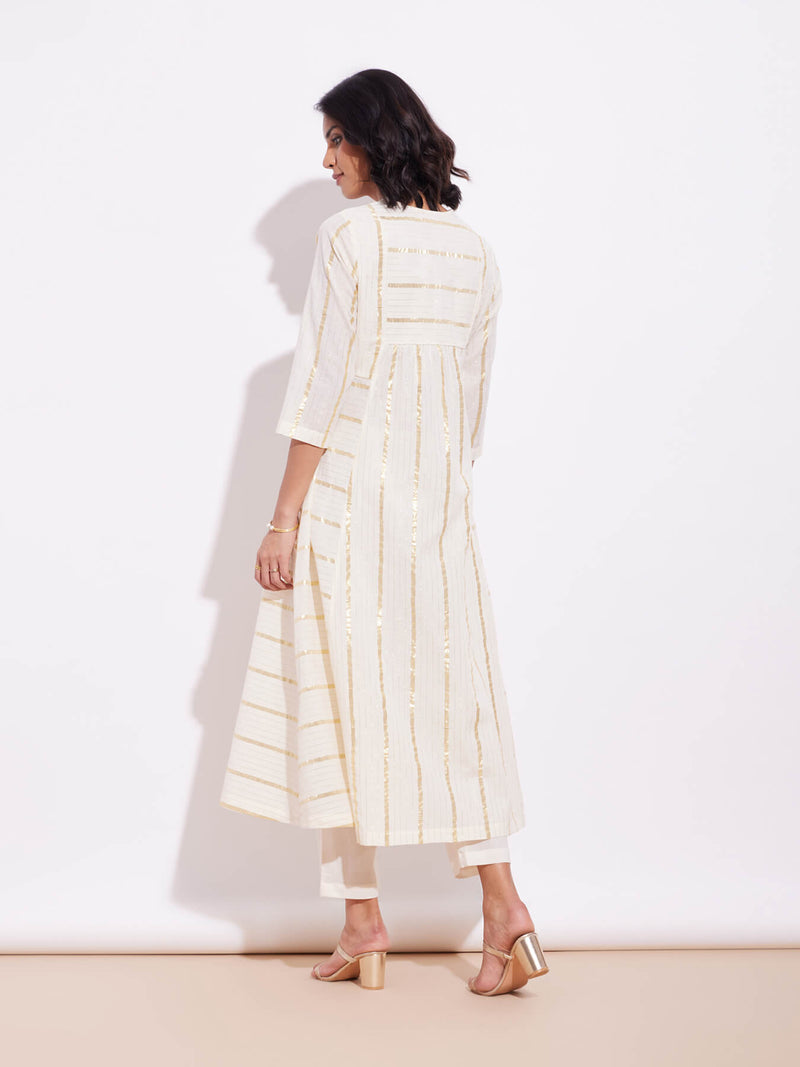 Cotton Lurex Gold Striped Kurta Set - Off-White