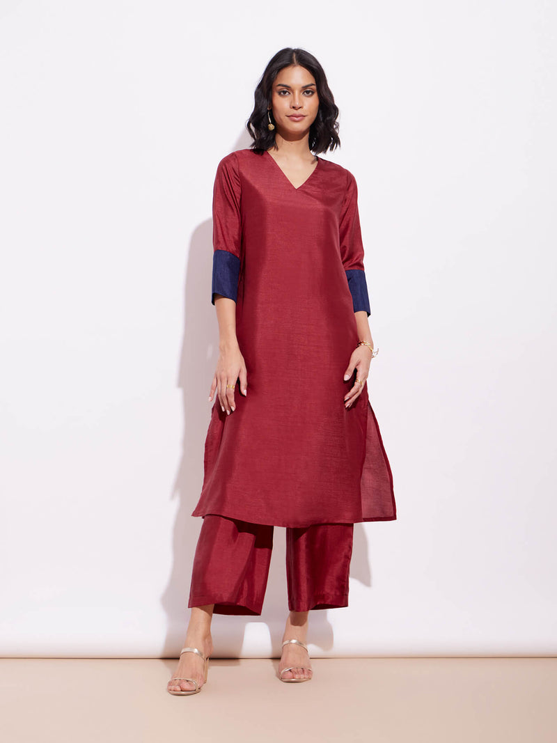 Silk Blend Colourblock Kurta Set - Red & Blue