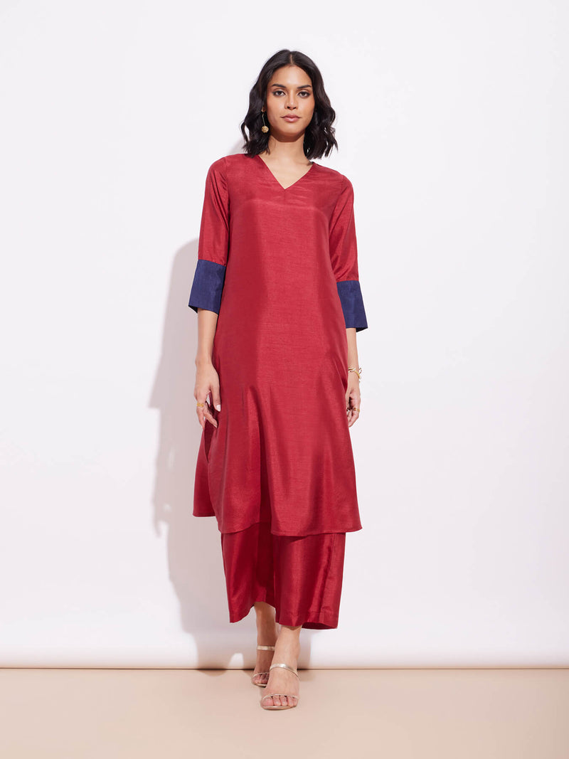 Silk Blend Colourblock Kurta Set - Red & Blue