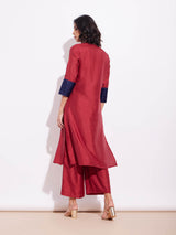 Silk Blend Colourblock Kurta Set - Red & Blue