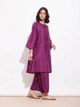 Silk Blend Solid Kurta Set - Purple