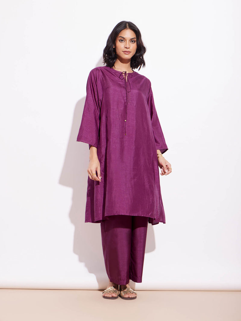 Silk Blend Solid Kurta Set - Purple