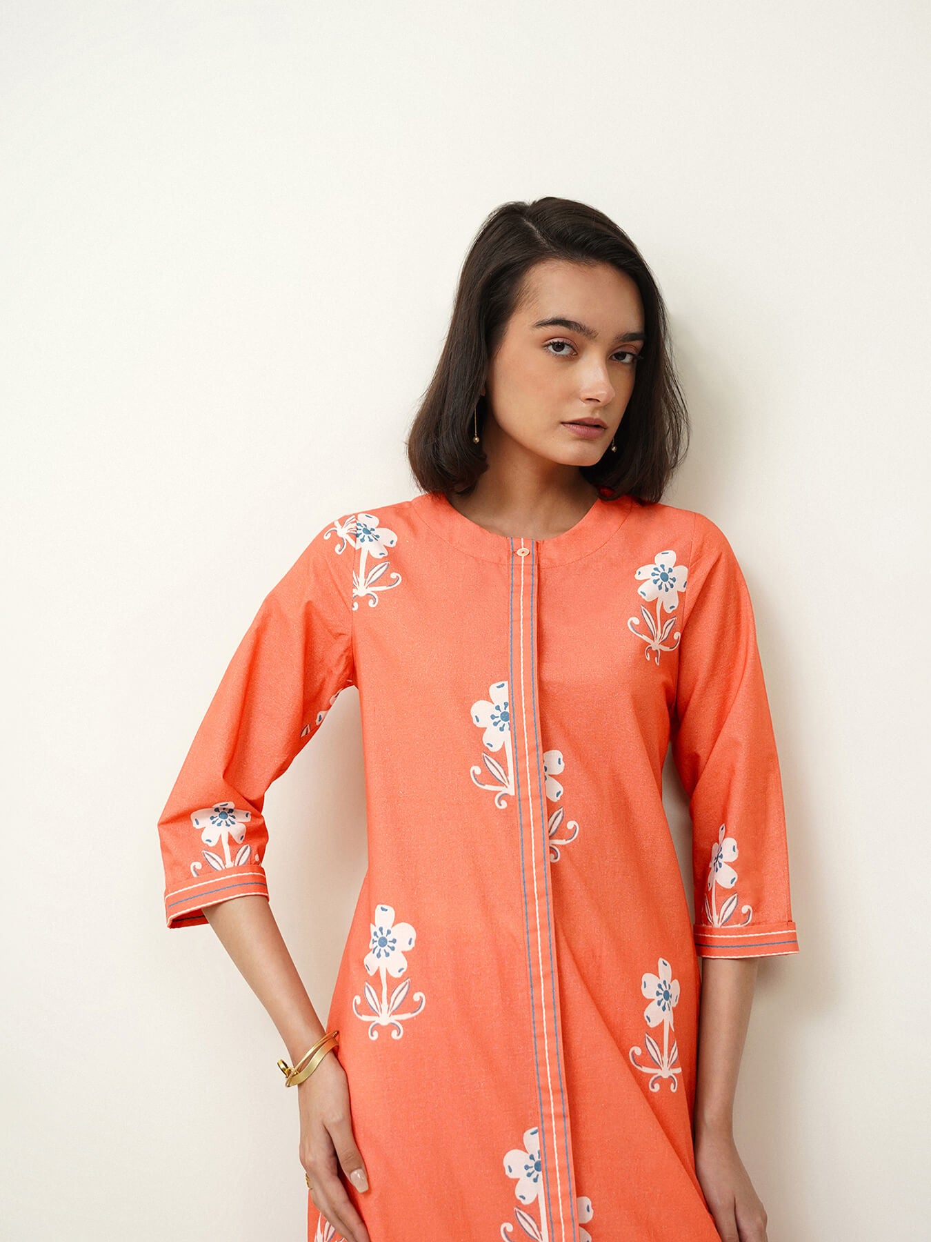 Cotton Floral A-Line Kurta Set - Peach