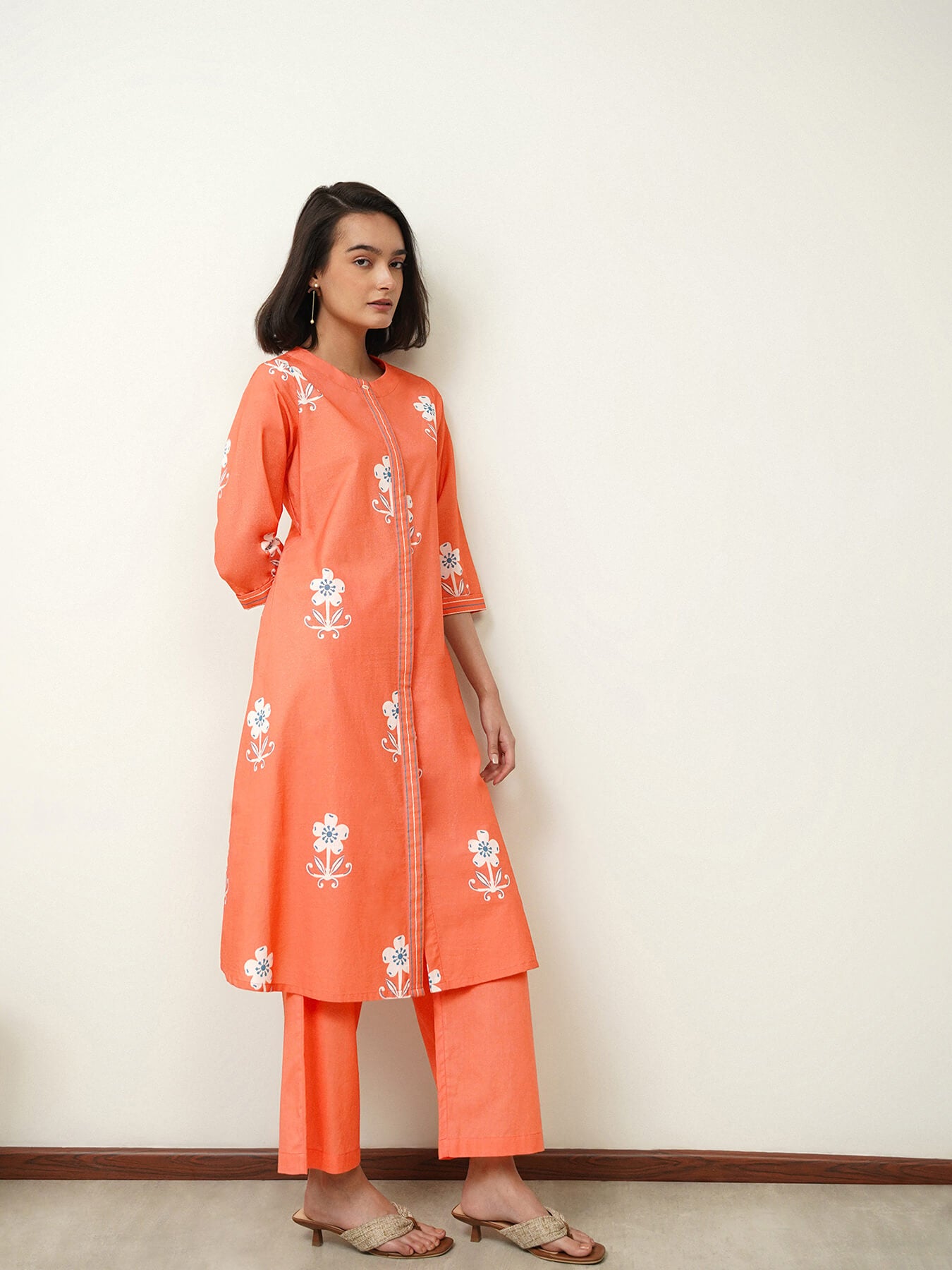 Cotton Floral A-Line Kurta Set - Peach
