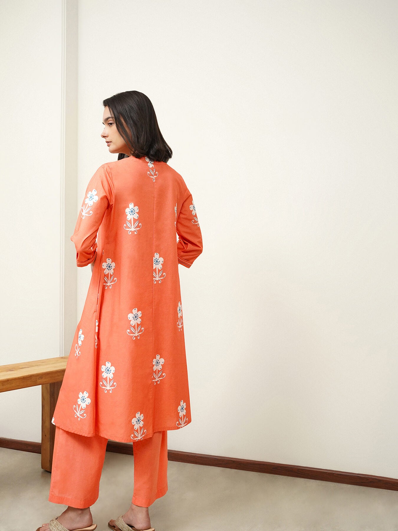Cotton Floral A-Line Kurta Set - Peach