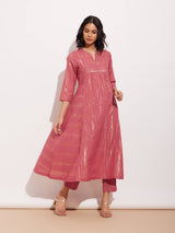 Cotton Lurex Gold Striped Kurta Set - Pink