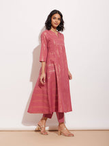 Cotton Lurex Gold Striped Kurta Set - Pink