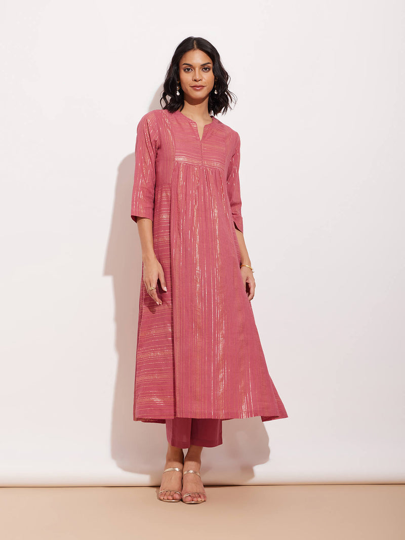 Cotton Lurex Gold Striped Kurta Set - Pink