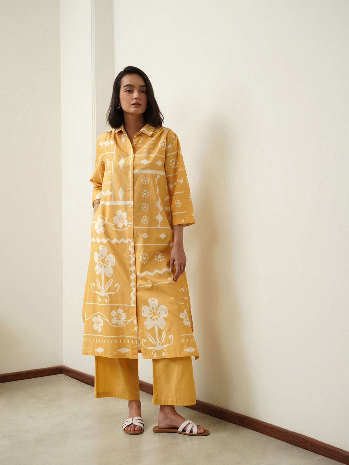 Cotton Floral Shirt Collar Kurta Set - Yellow