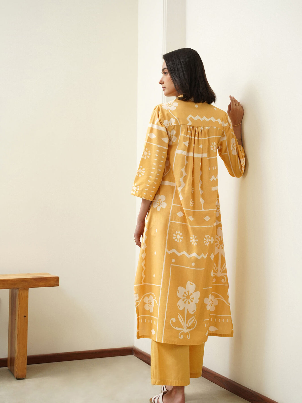 Cotton Floral Shirt Collar Kurta Set - Yellow