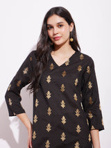 Viscose Silk Brocade Kurta Set - Black & Gold