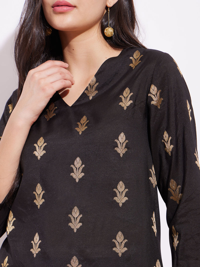 Viscose Silk Brocade Kurta Set - Black & Gold