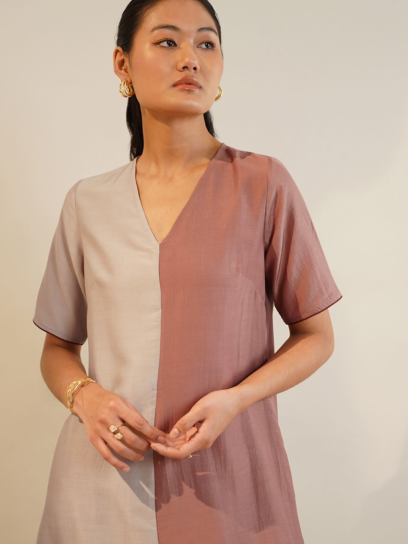 Silk Blend Colourblock Kurta Set - Beige and Rust