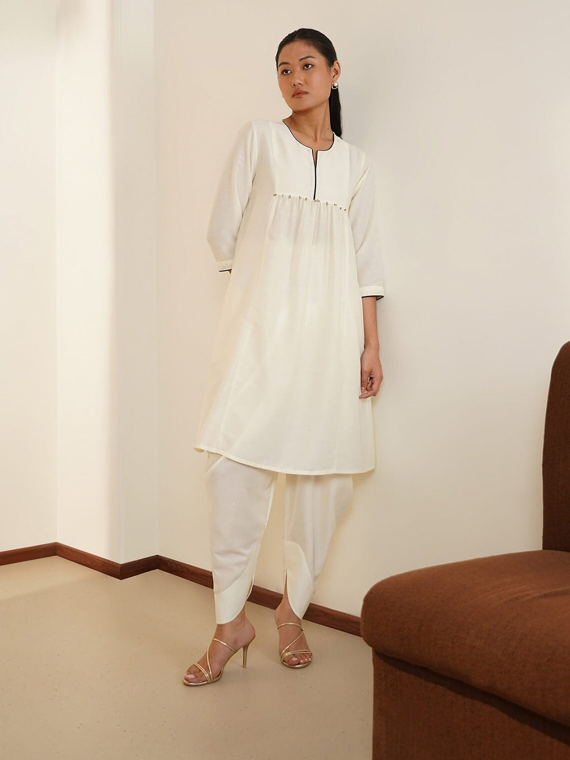 Silk Blend Kurta Set with Dhoti Pants - Off White