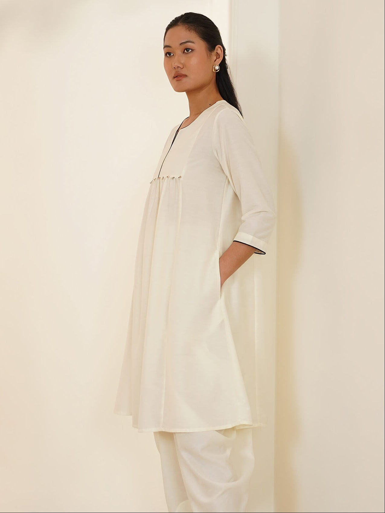 Silk Blend Kurta Set with Dhoti Pants - Off White