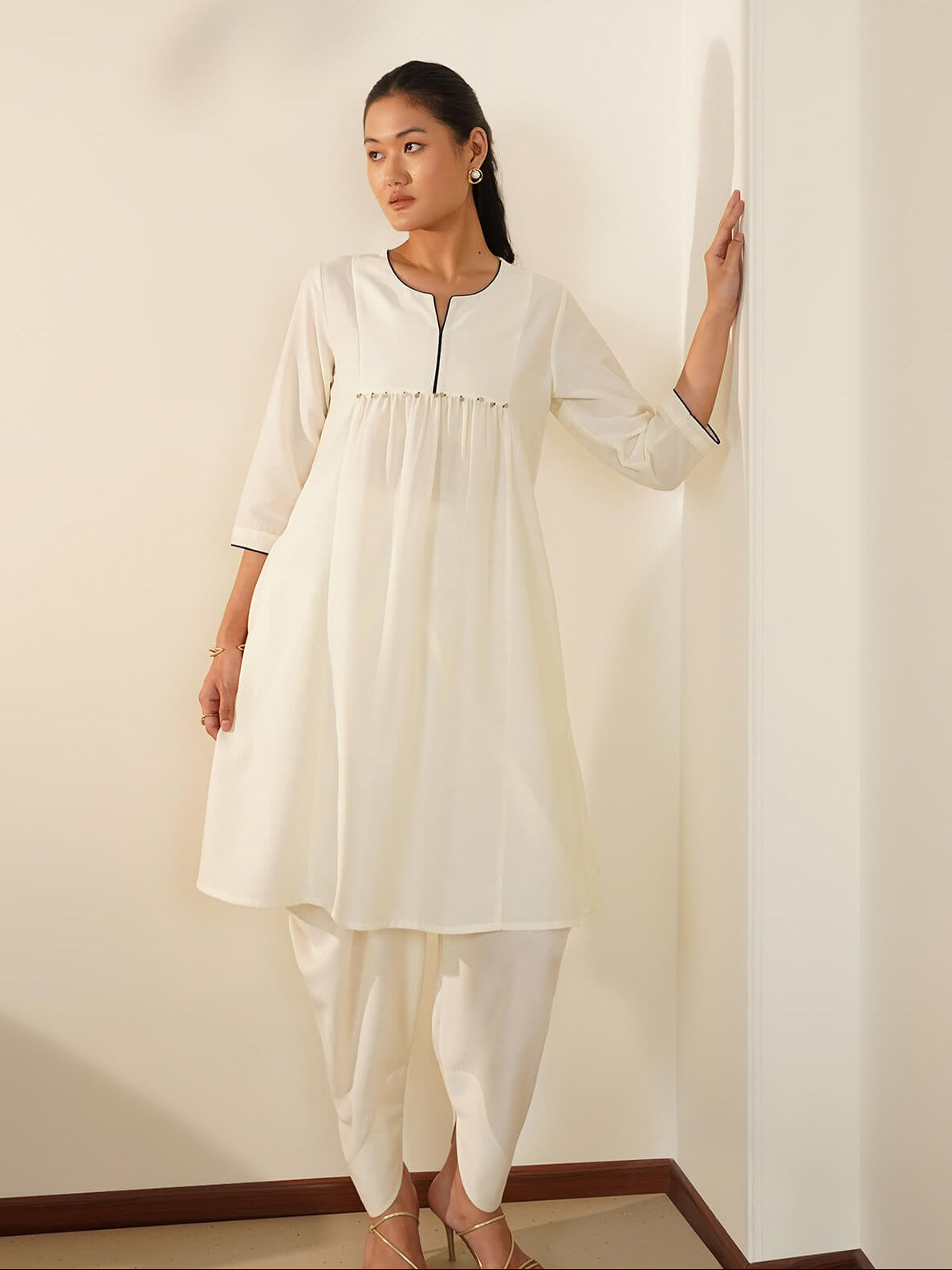 Silk Blend Kurta Set with Dhoti Pants - Off White