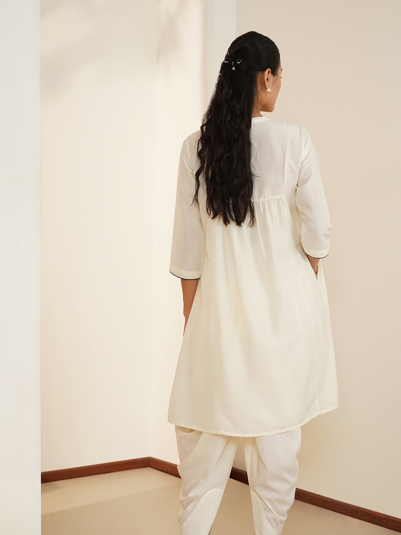 Silk Blend Kurta Set with Dhoti Pants - Off White