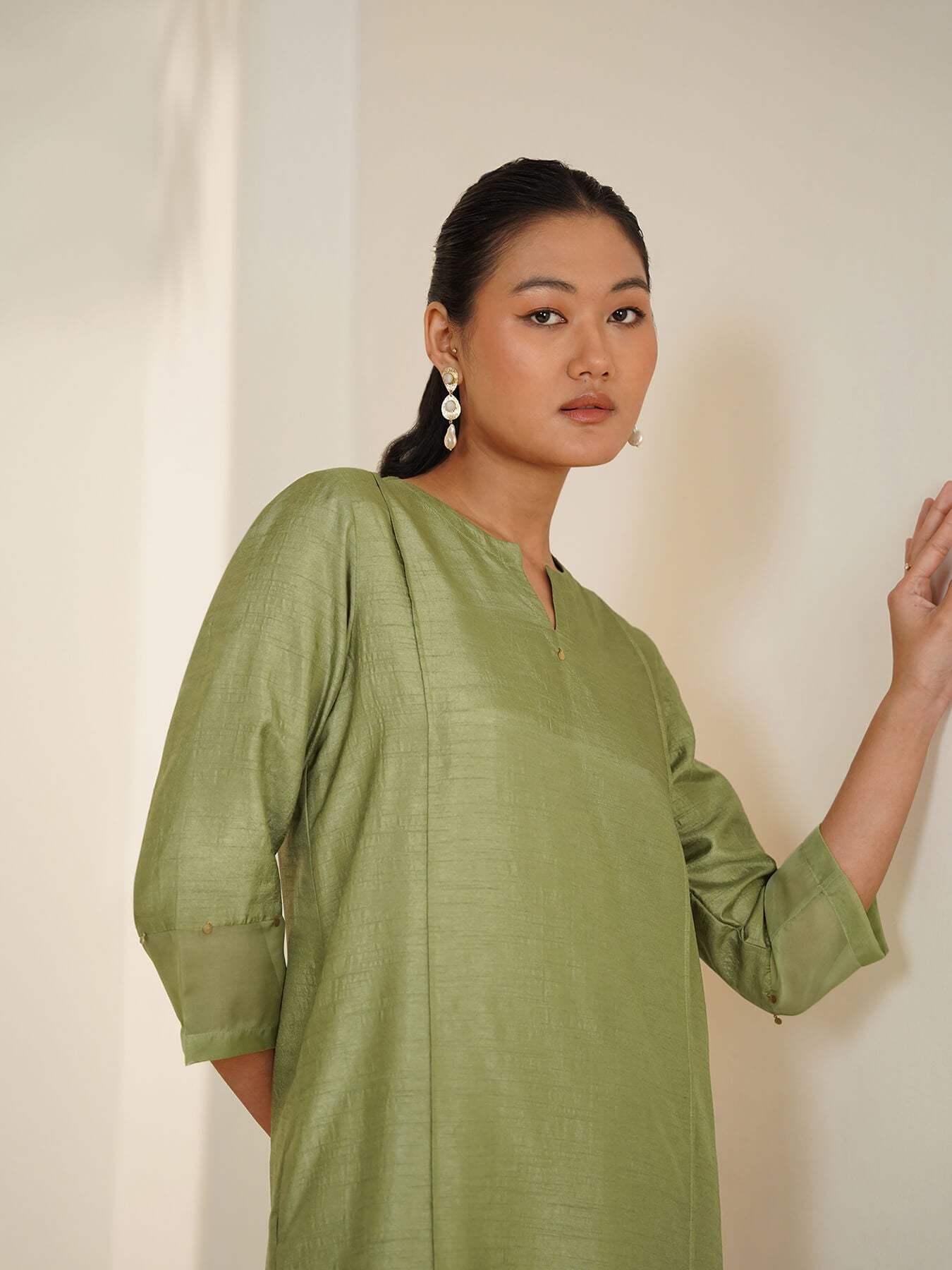 Silk Blend Solid Kurta Set - Green