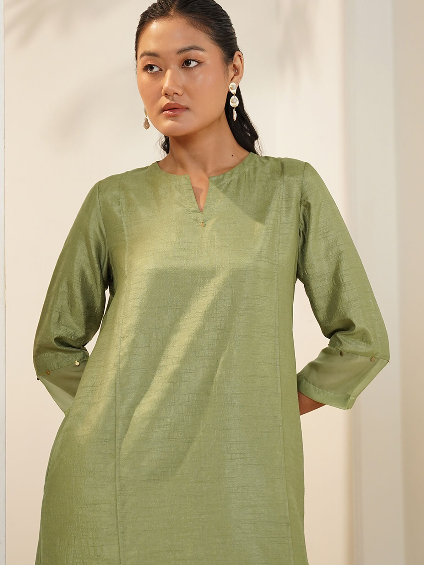 Silk Blend Solid Kurta Set - Green