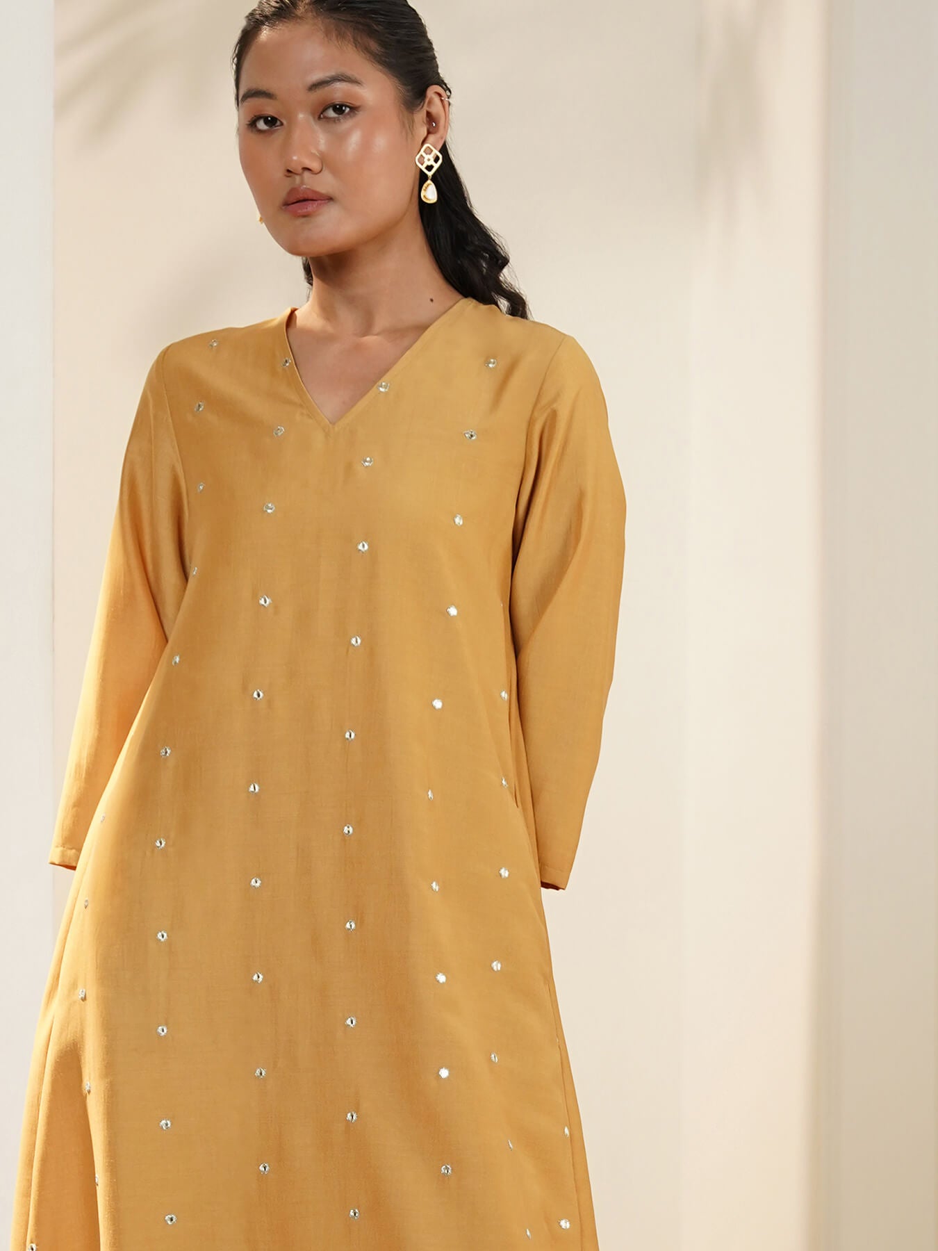 Silk Blend Embroidered A-Line Kurta Set - Yellow