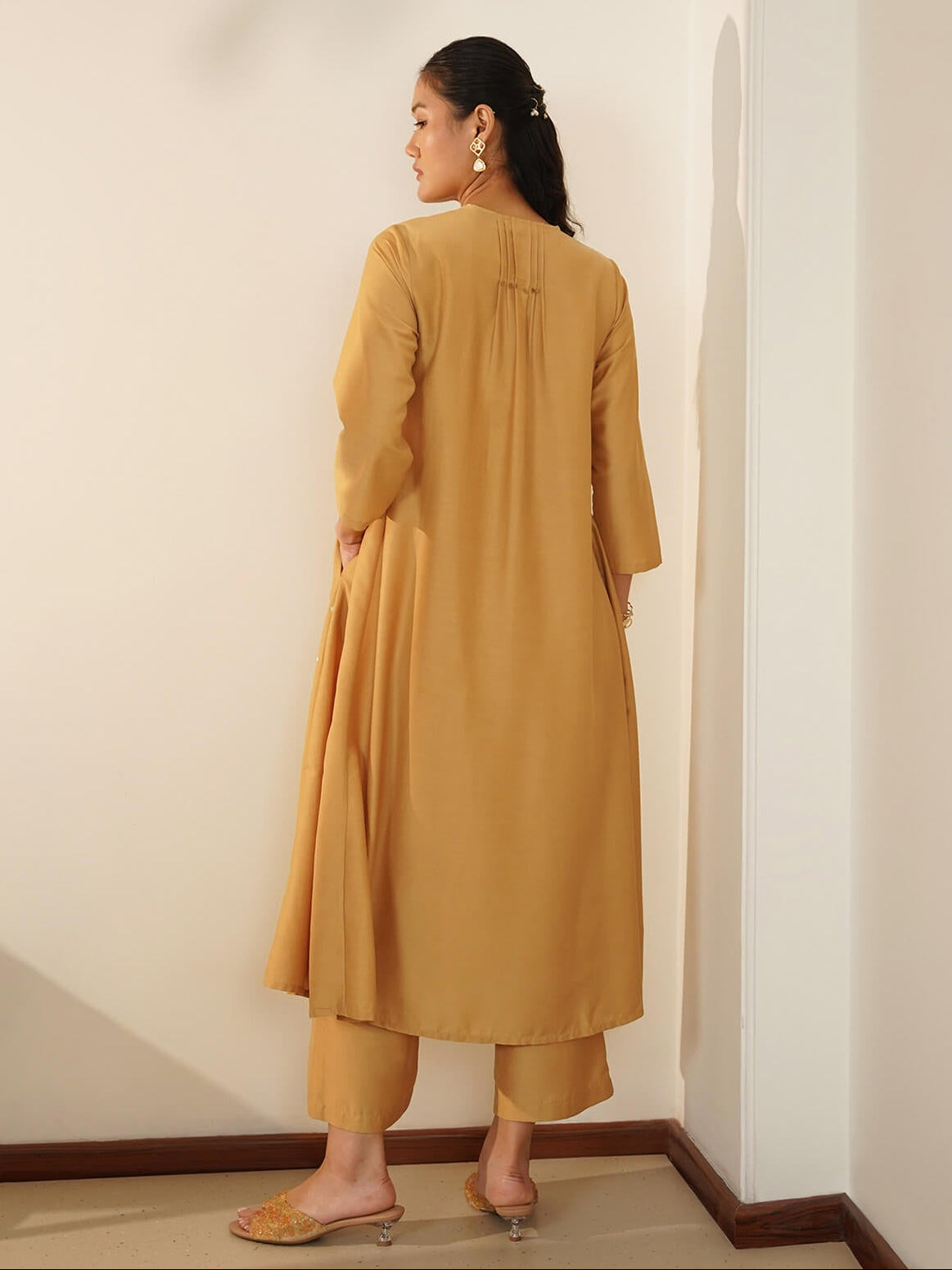 Silk Blend Embroidered A-Line Kurta Set - Yellow