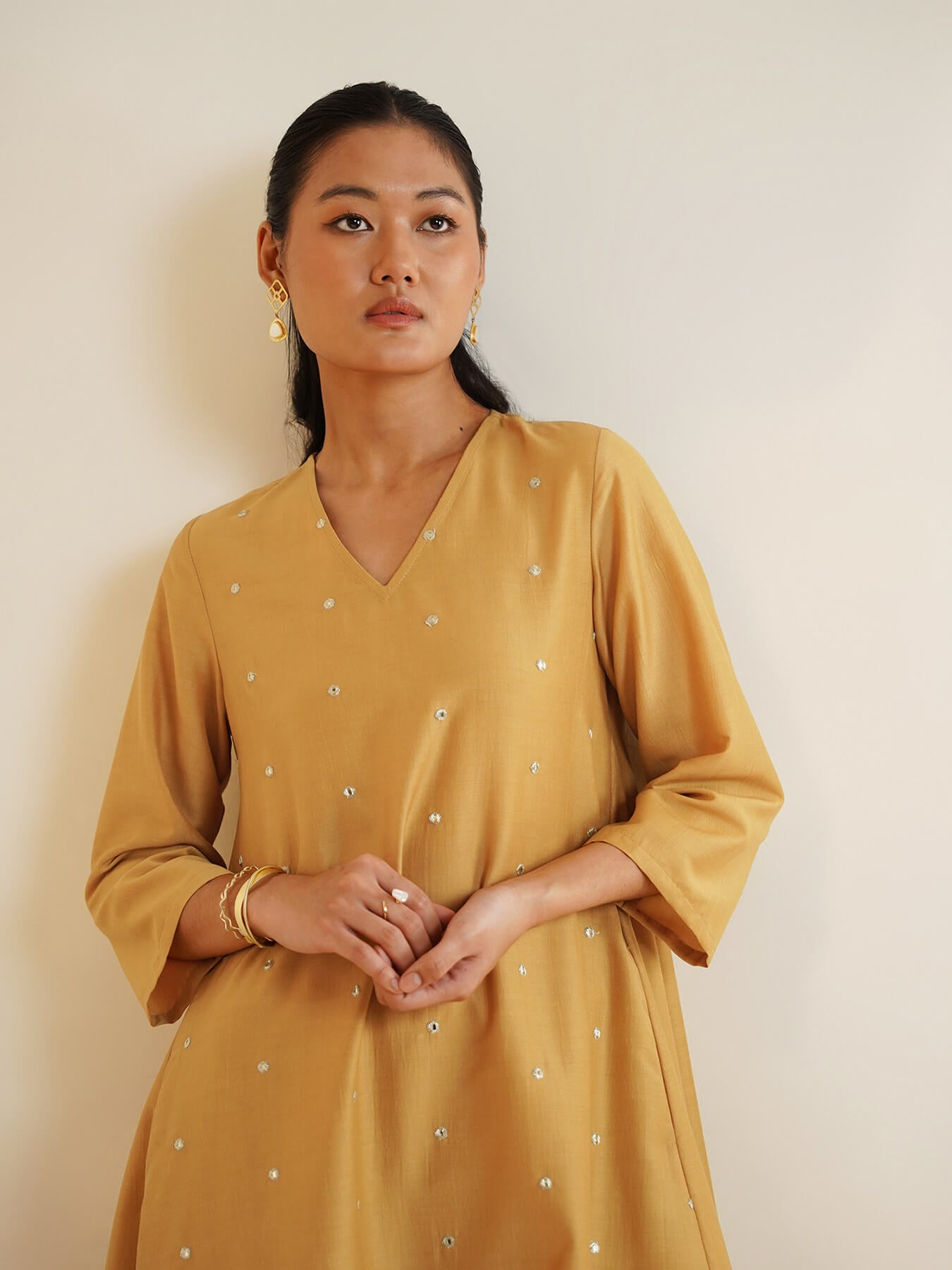 Silk Blend Embroidered A-Line Kurta Set - Yellow