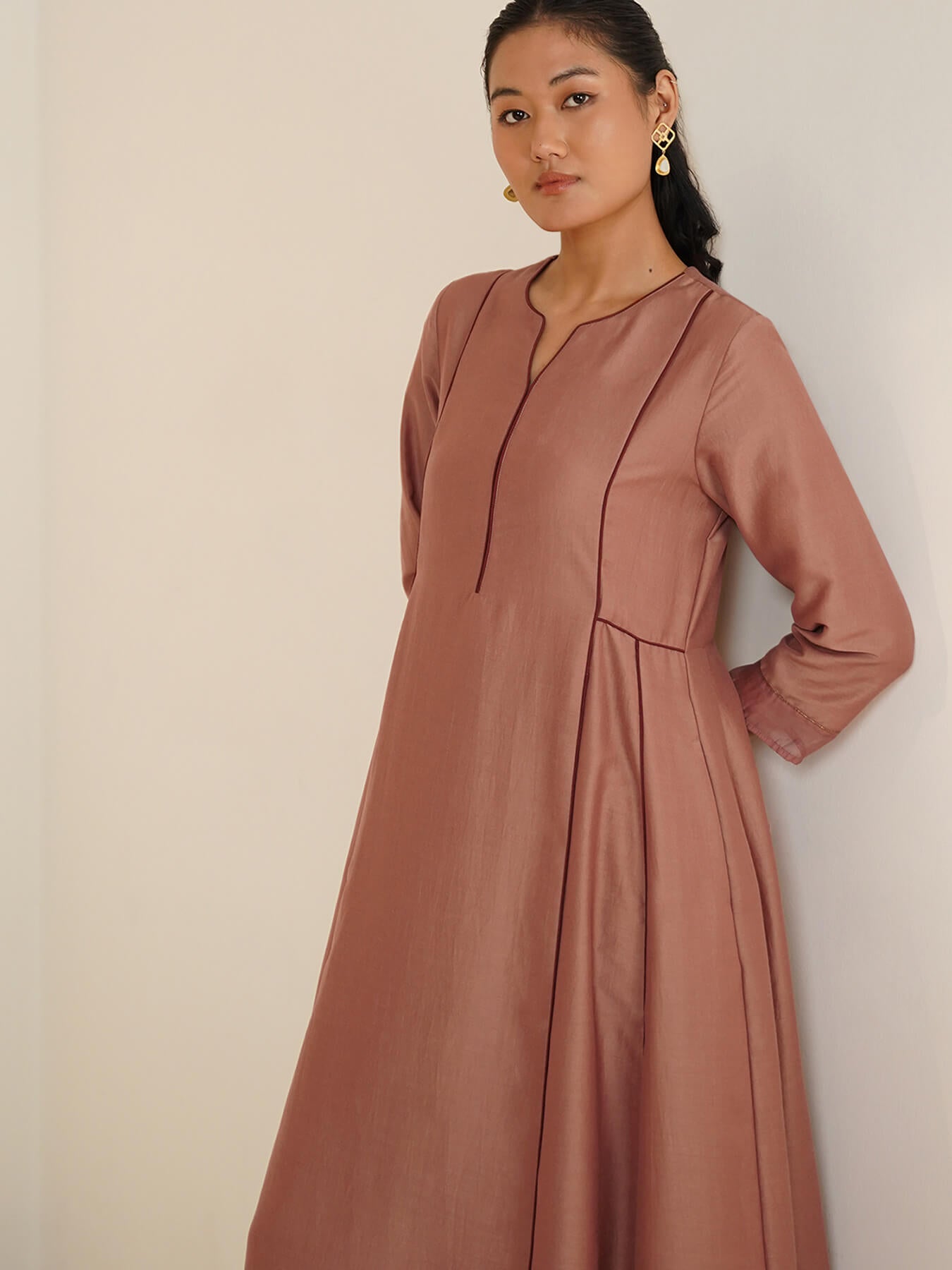 Silk Blend A-Line Kurta Set - Bronze
