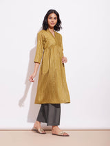 Lurex Gold Striped Kurta Set - Mustard & Brown