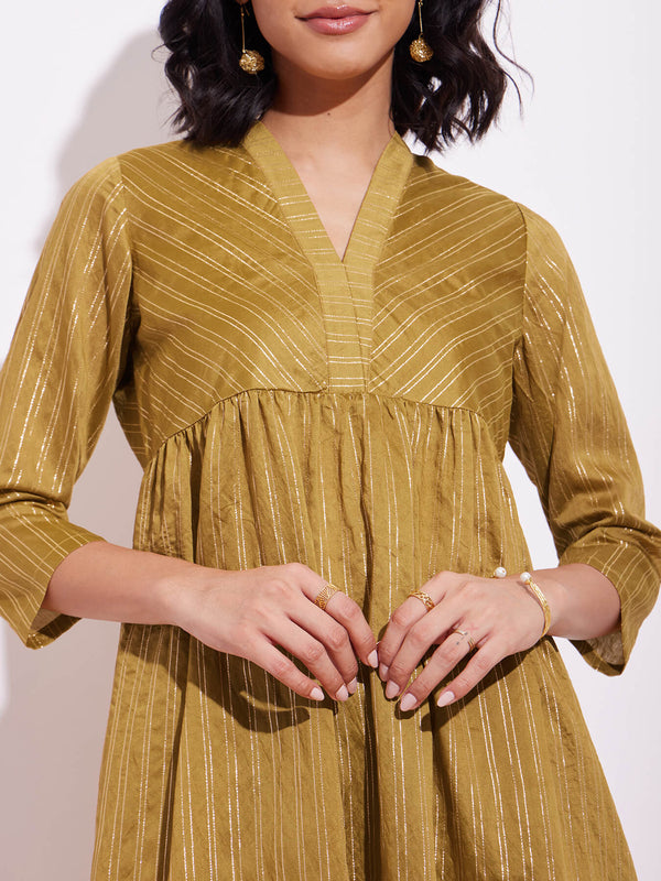 Lurex Gold Striped Kurta Set - Mustard & Brown