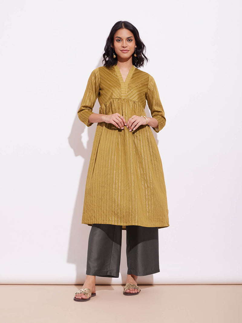 Lurex Gold Striped Kurta Set - Mustard & Brown