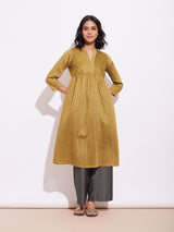 Lurex Gold Striped Kurta Set - Mustard & Brown