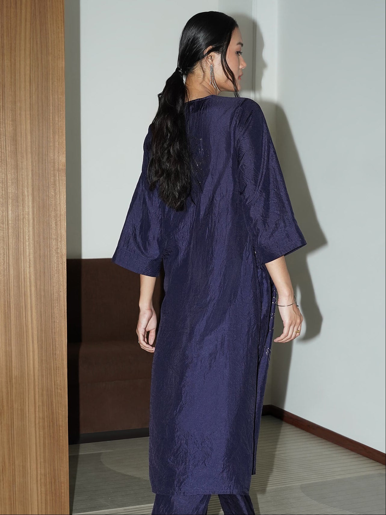 Silk Blend Floral Kurta Set - Navy Blue