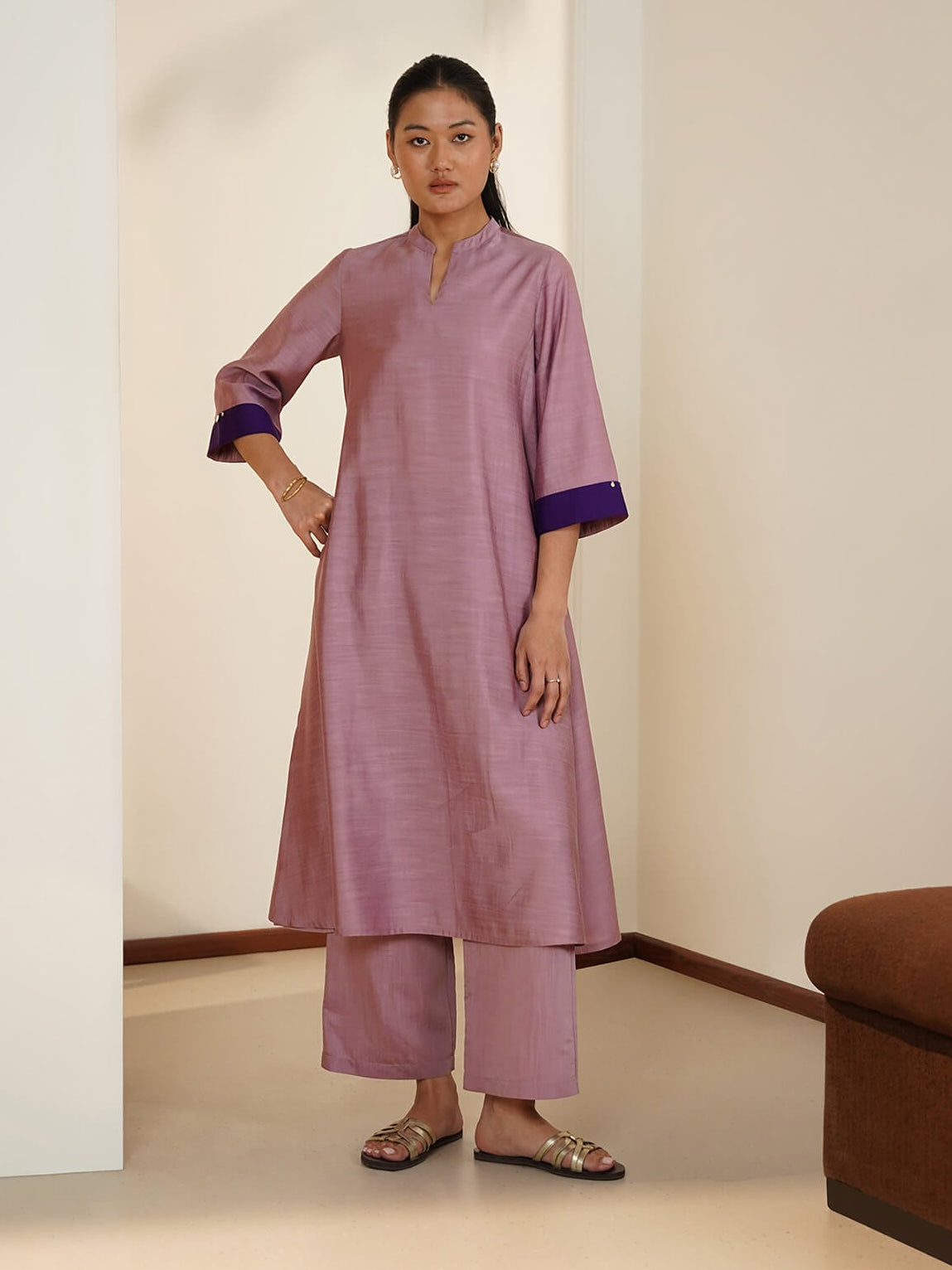 Viscose Silk Solid A-Line Kurta Set - Lavender