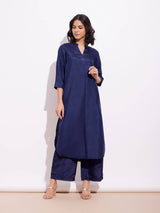 Silk Blend Solid Kurta Set - Blue