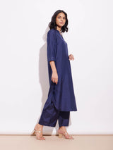 Silk Blend Solid Kurta Set - Blue