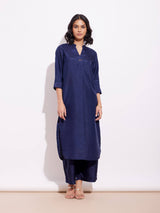 Silk Blend Solid Kurta Set - Blue