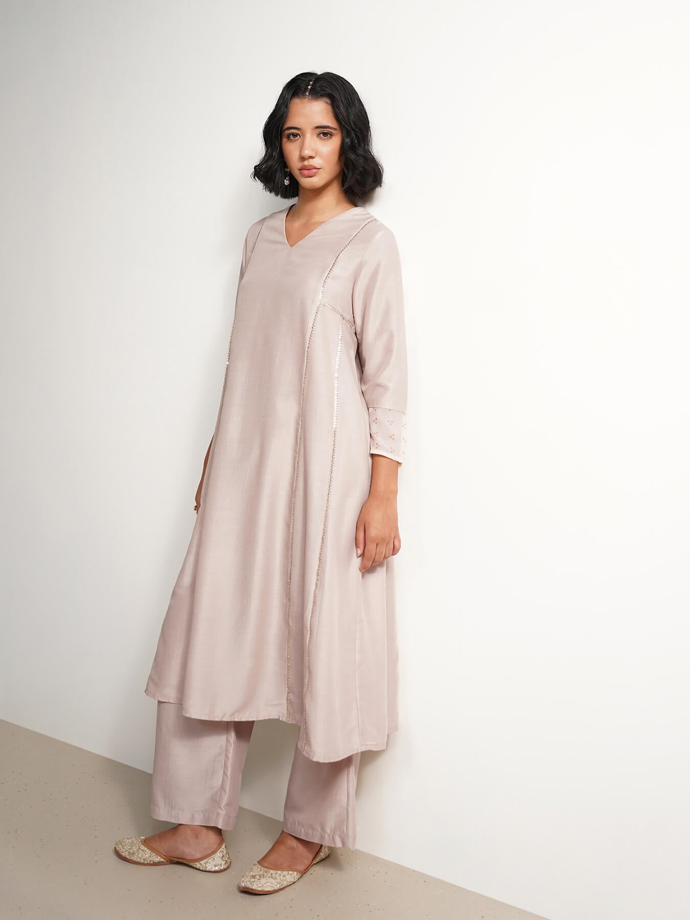 Silk Blend Solid Kurta Set - Beige & Gold