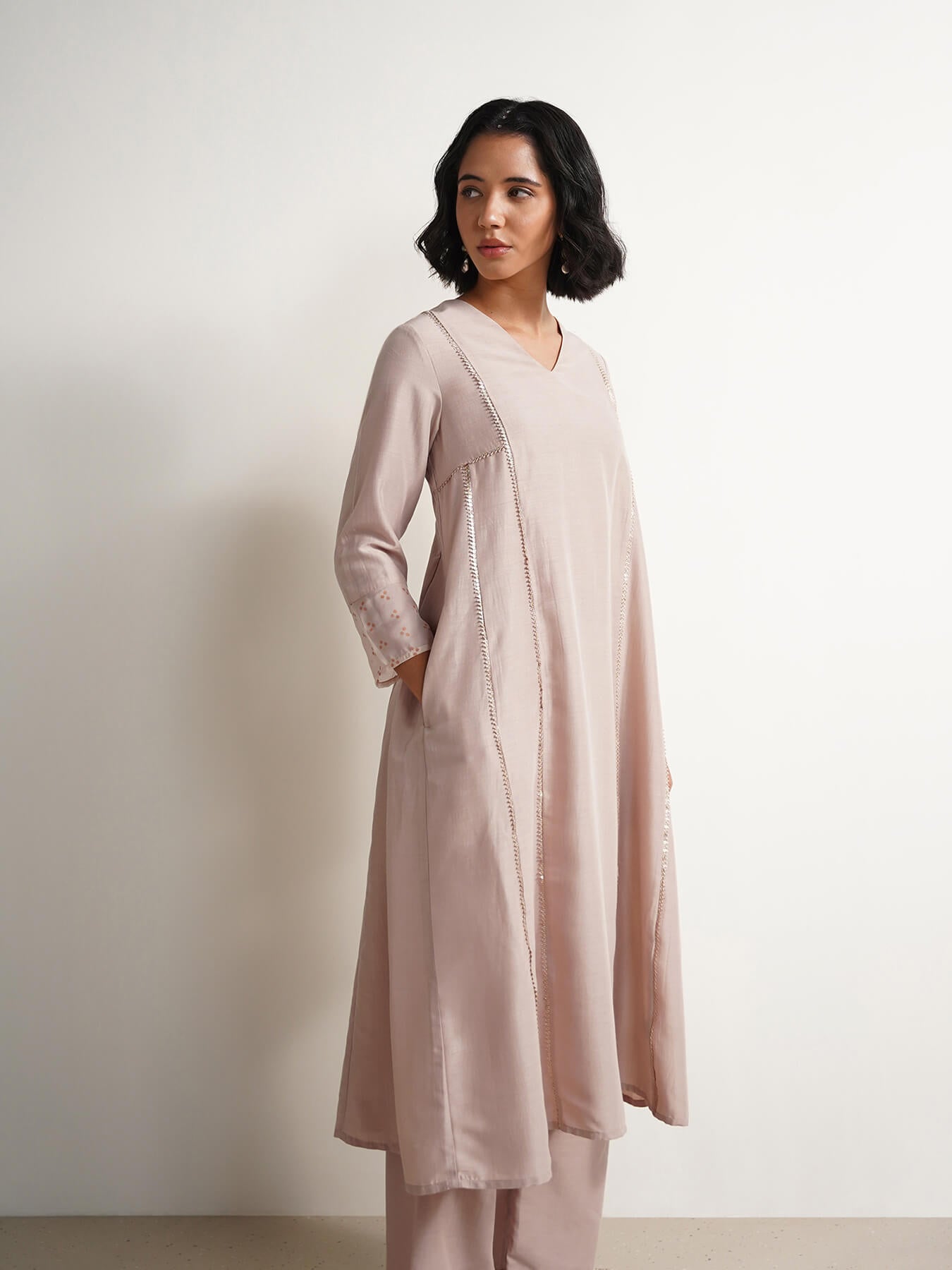 Silk Blend Solid Kurta Set - Beige & Gold