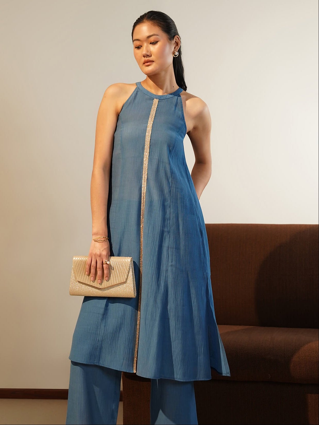 Chiffon Solid Kurta Set - Blue