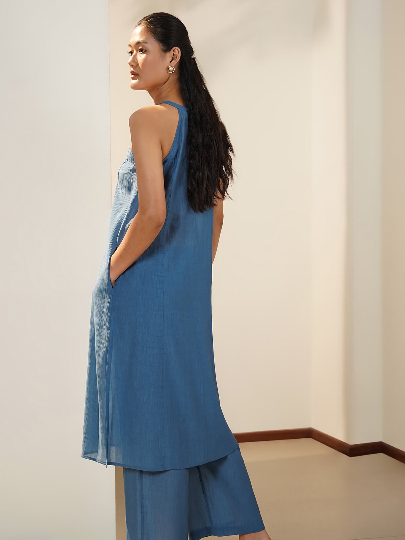 Chiffon Solid Kurta Set - Blue